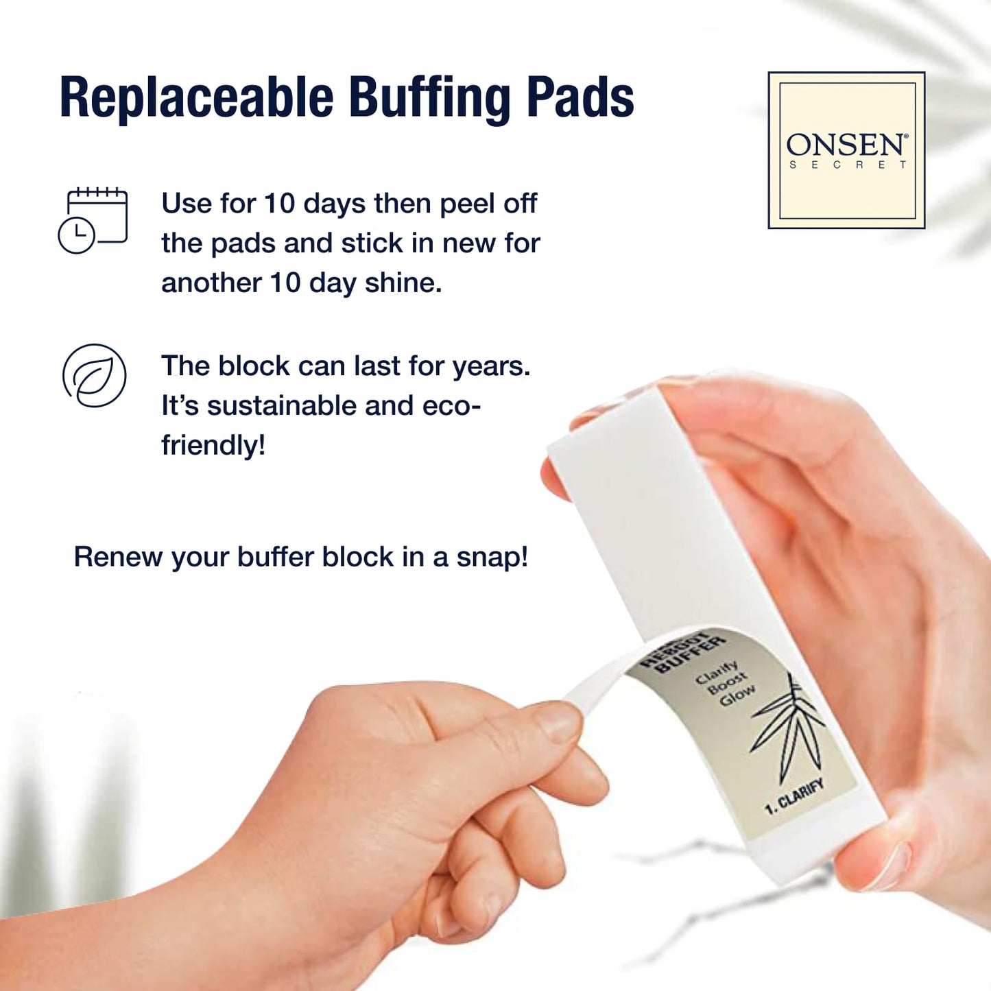 Onsen Secret Nail Buffer Block Replacement Pads - 3 Way Buffing Block Smooth Shine Natural Nail Buffing w/ 3 Sides Coarse, Soft, Silky, Buffer