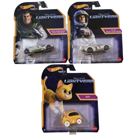 Hot Wheels Disney Pixar Lightyear Character Cars Bundle of 3 Diecast Vehicles with Space Buzz and Sox
