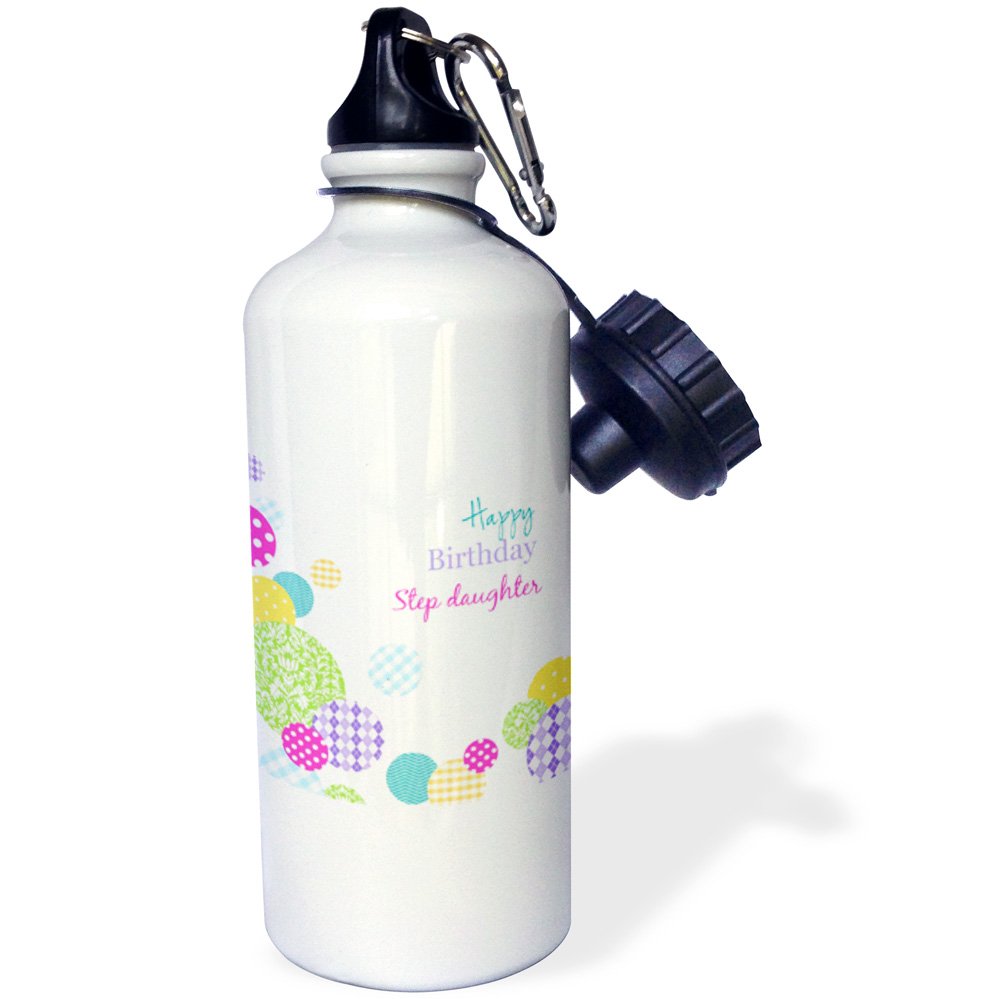 3dRose wb_165134_1 Happy Birthday Step Daughter - Modern Colorful Dots Pattern On White Sports Water Bottle, Multicolor, 21 oz