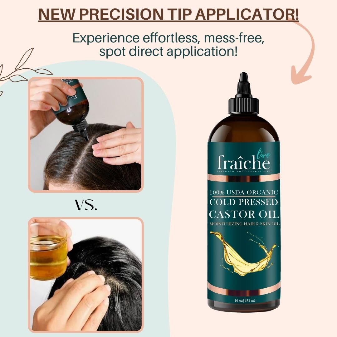 Organic Castor Oil (16oz) - Pure Castor Oil Organic Hexane Free Cold Pressed Unrefined Bottle - Natural Hair Growth Oil for Moisturizing & Healing Dry