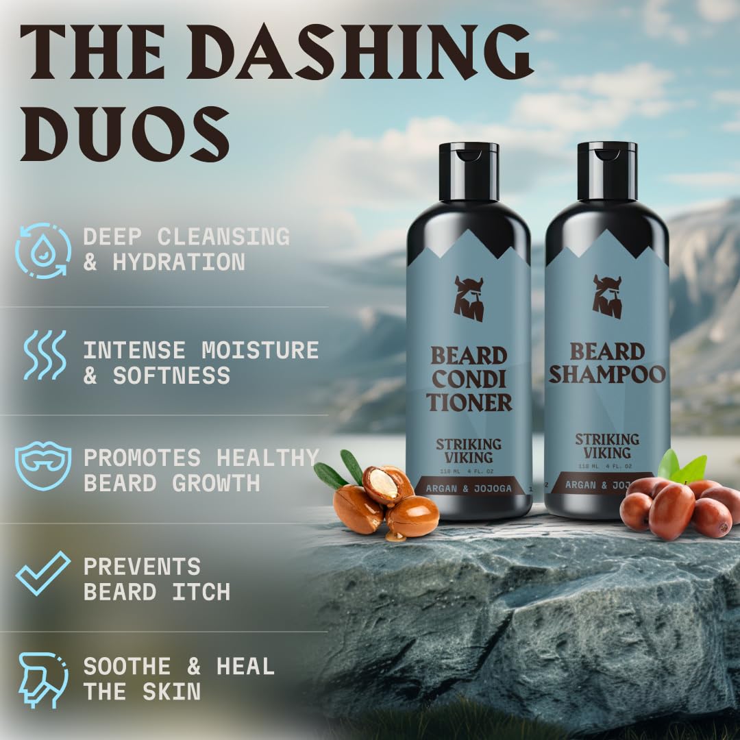 Striking Viking Beard Shampoo and Conditioner Set - 4 Fl Oz Each, Fresh Masculine Scent - Beard Wash and Conditioner for Men - Cleanses & Softens