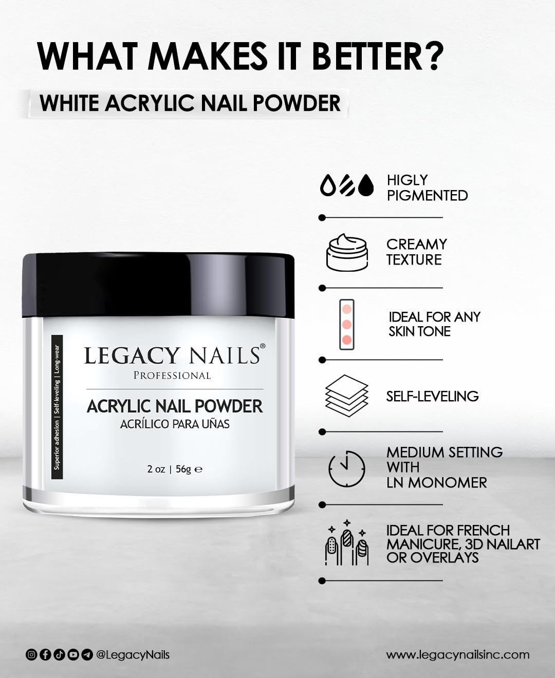 Legacy Nails Professional WHITE ACRYLIC POWDER - 113g / 4oz. - High-Quality, Fast-Drying Formula for Nail Extensions, Sculpting & Overlays Beauty & Personal Care LEGACY NAILS