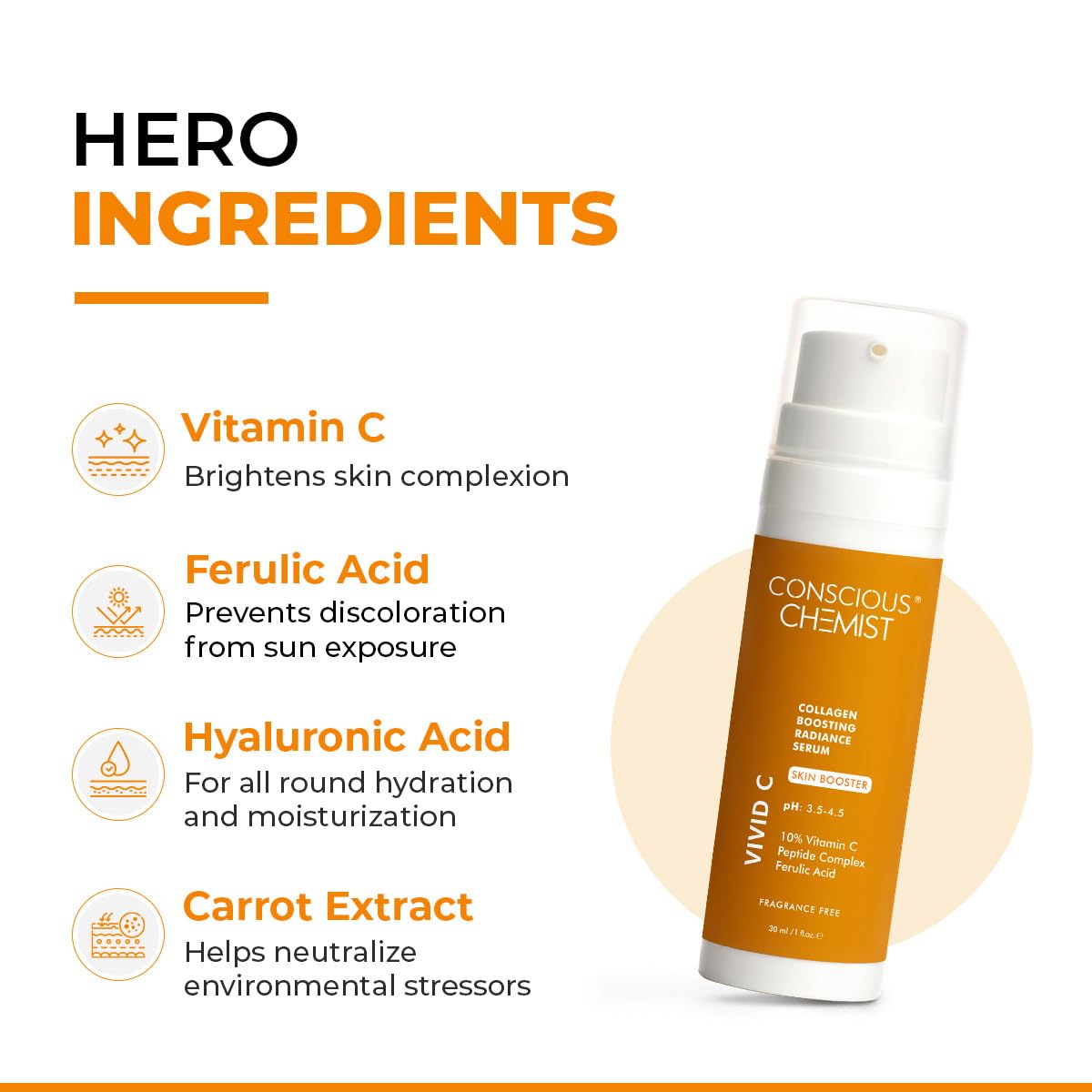 Conscious Chemist Vitamin C 10% Face Serum | 30ml | Brightening & Anti-Aging Serum with Ferulic Acid | Reduces Dark Circles, Fine Lines & Dullness |