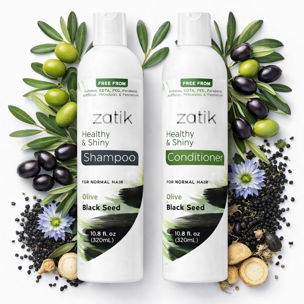 Zatik Naturals - Healthy & Shiny Shampoo + Conditioner Set with Olive and Black Seed, Voluminizing and Safe for Color Treated Hair - One of Each 10.80