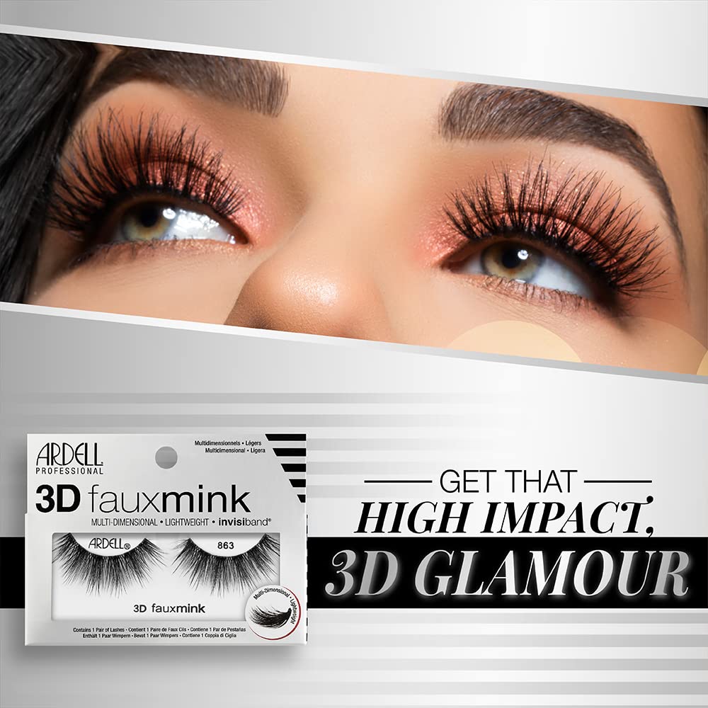 Ardell 3D Faux Mink Lashes 863 - Multi-Dimensional Lashes Natural Look Wispy Finish with Invisiband, 1 Pair