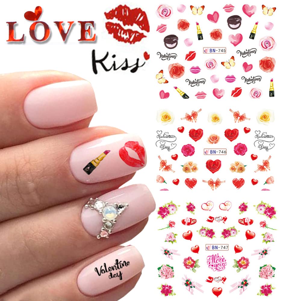 Valentine's Day Nail Decals - 12 Sheets Heart Rose Love Sexy Lips Lipstick Valentines Nail Art Tattoo Stickers DIY Nail Decoration for Women Girls