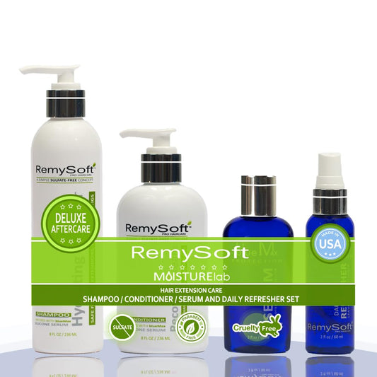 RemySoft Moisturelab Deluxe System - Safe for Hair Extensions, Weaves and Wigs - Salon Formula Shampoo, Conditioner & Serum - Gentle Sulfate-free