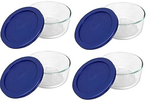 Pyrex 7200 2-Cup Glass Bowl & 7200-PC Dark Blue Lid (4-Pack) - Made in USA