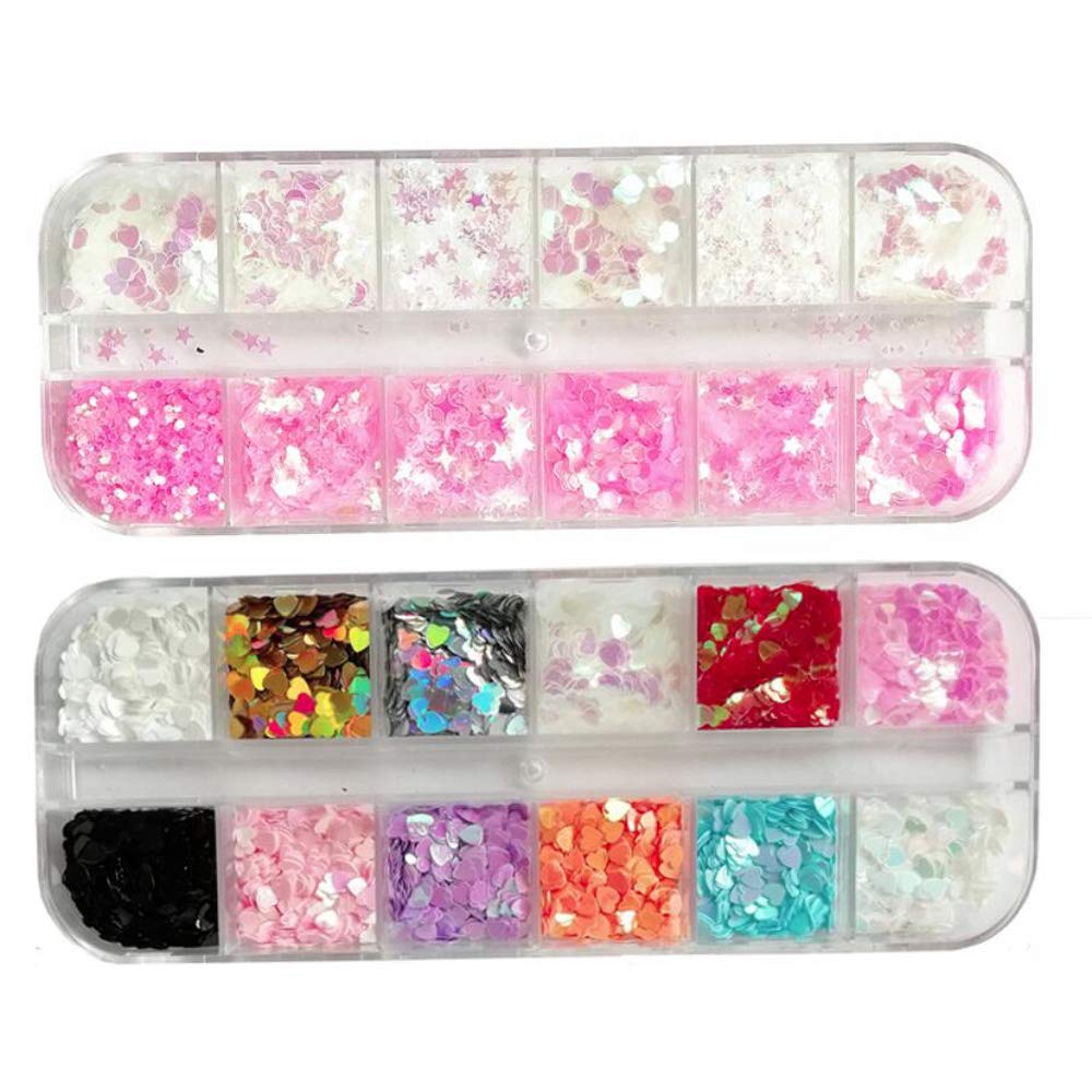 AddFavor 4 Boxes Holographic Nail Sequins Mixed Shapes Iridescent Glitter Flakes Hearts Star Moon DIY Design Manicure Nail Art Decorations Sets