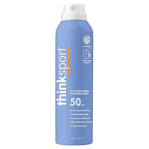 Thinksport SPF 50+ Mineral Sunscreen Spray, All Sheer, 6 Fl Oz - Natural, Water Resistant Body Sun Protection, Vegan & Reef Safe