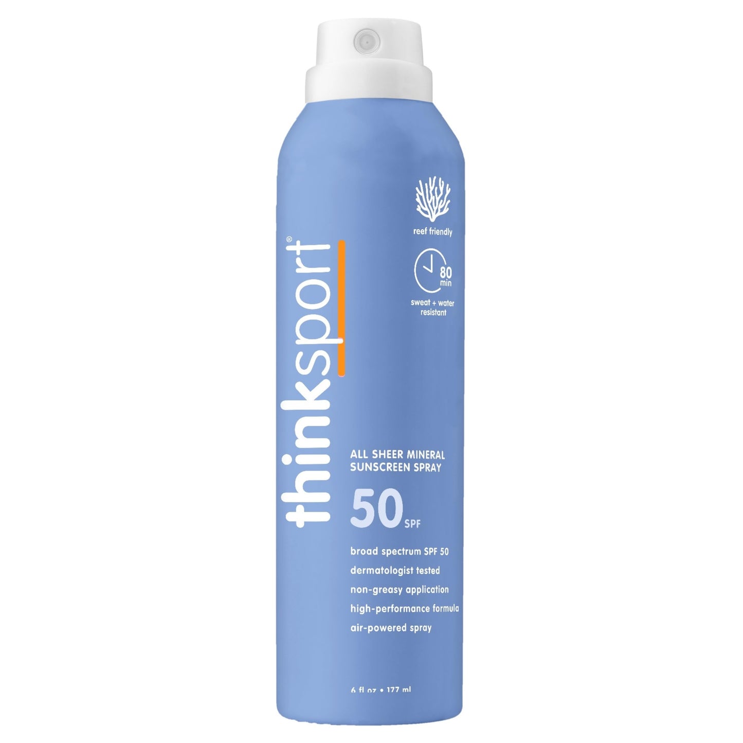 Thinksport SPF 50+ Mineral Sunscreen Spray, All Sheer, 6 Fl Oz - Natural, Water Resistant Body Sun Protection, Vegan & Reef Safe