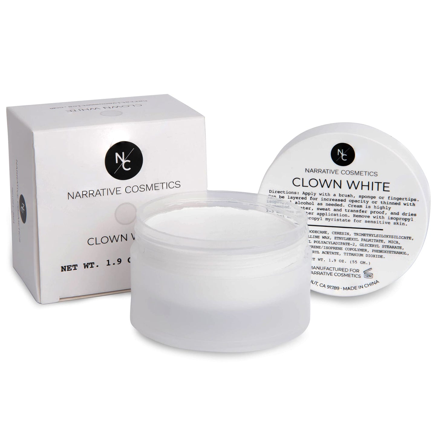 Narrative Cosmetics Clown White Cream Makeup, Quick Drying Professional Face Paint for the Stage, Film, Halloween, and Cosplay, 1.9 Oz.