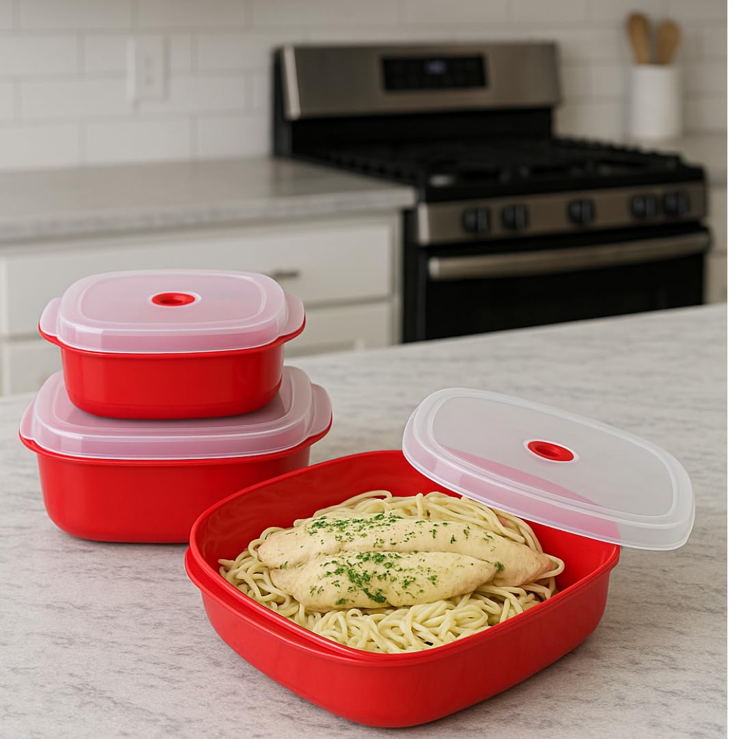 Reston Lloyd Nesting Microwave Containers, Set of 3, Adjustable Steam Vents, Airtight, Meal Prep, Durable BPA-Free Plastic- Freezer & Dishwasher…
