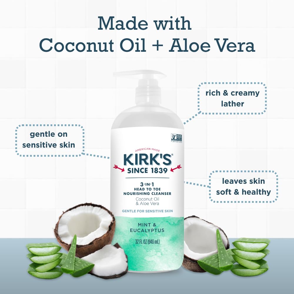 Kirk's Mint and Eucalyptus 3-in-1 Nourishing Cleanser, Shampoo Body Wash Bubble Bath, Coconut Oil and Aloe Vera, Vegan Non-GMO, 32 Fl Oz Beauty & Personal Care Kirk's