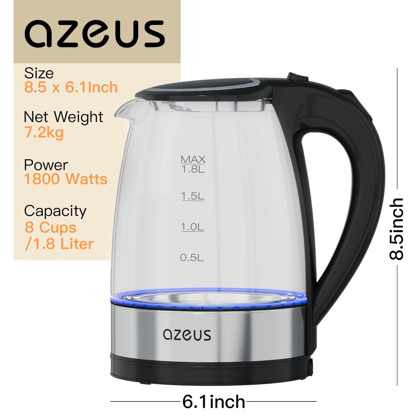Azeus 1.8L Electric Kettle CX-817 - Fast Boil, Auto Shut-Off, Boil-Dry Protection, 360° Swivel Base - Stainless Steel Water Boiler for Tea, Coffee…