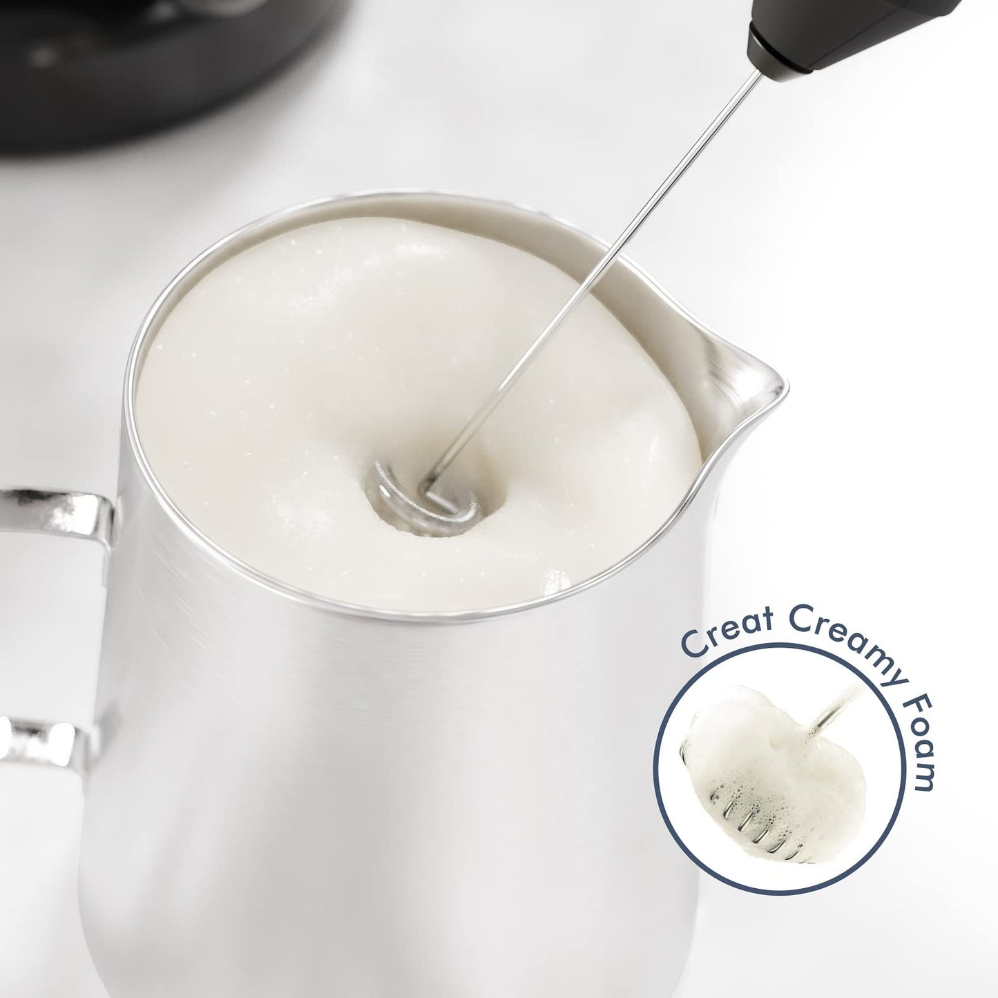 Powerful Handheld Milk Frother Wand, Battery-Powered Mini Drink Mixer with Stainless Steel Whisk for Coffee, Lattes, Matcha & More, Black