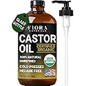Organic Castor Oil in Glass Bottle - 16 Oz Cold Pressed & Hexane-Free - USDA Certified - Hair Growth Oil For Lashes, Brows, Skin & Scalp - with Pump
