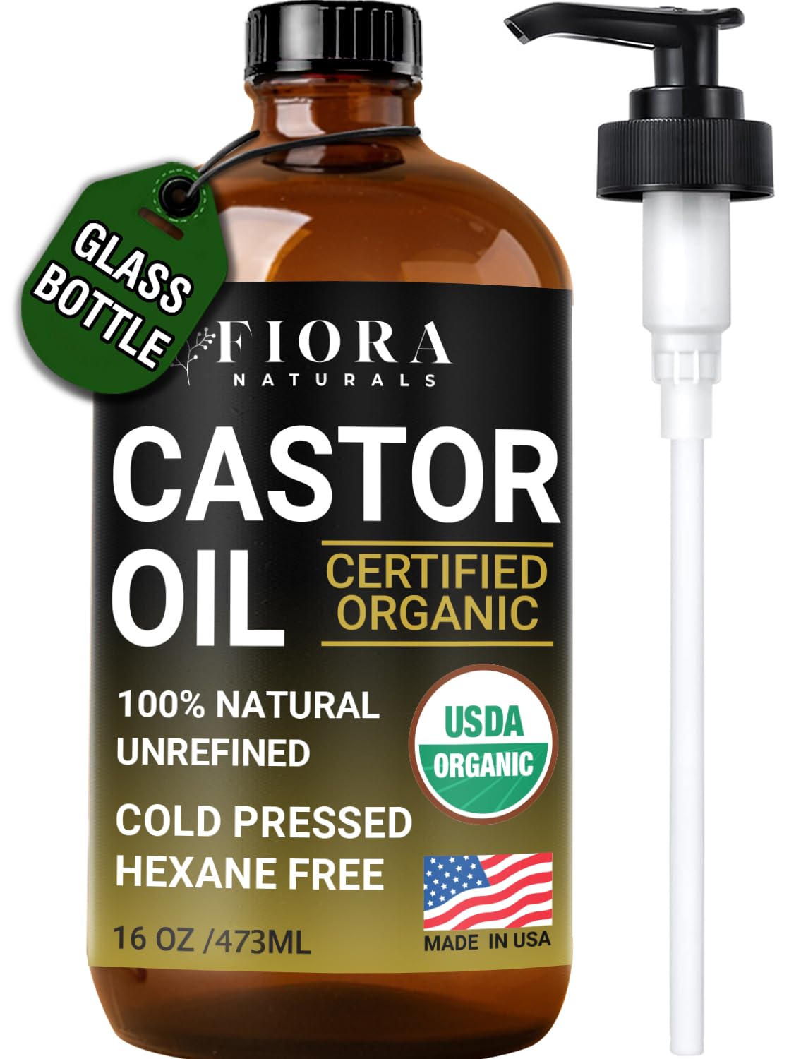 Organic Castor Oil in Glass Bottle - 16 Oz Cold Pressed & Hexane-Free - USDA Certified - Hair Growth Oil For Lashes, Brows, Skin & Scalp - with Pump