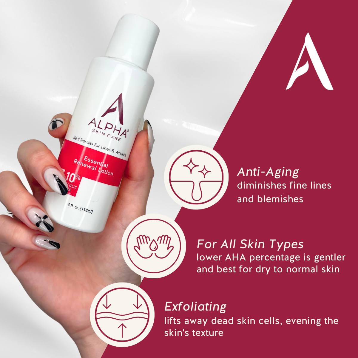 Alpha Skin Care Essential Renewal Lotion, 10% Glycolic AHA, Anti-Aging Formula, Reduces Lines & Wrinkles, Alpha Hydroxy Acid Exfoliates for Smoother