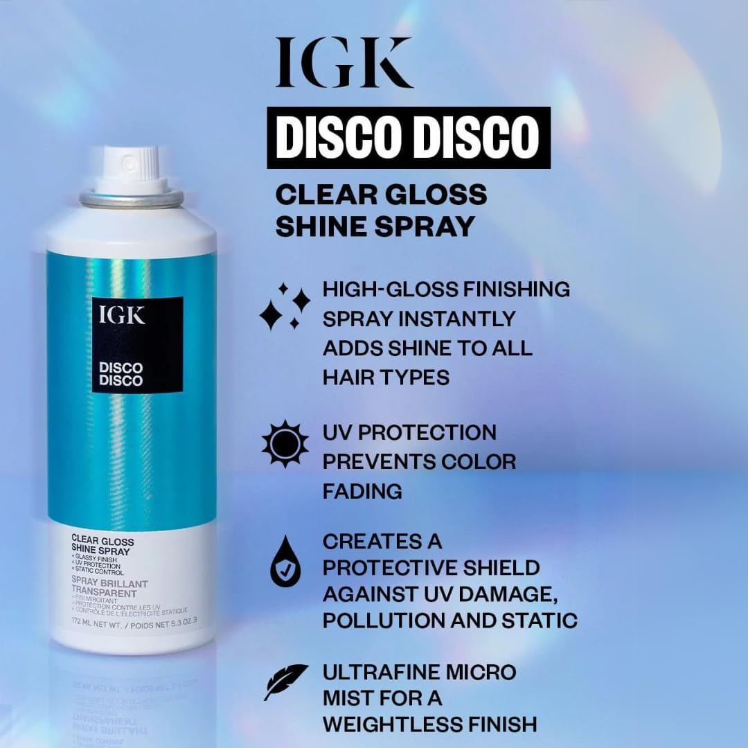 IGK Disco Disco Clear Gloss Shine Spray | Travel Size | Lightweight, High-Shine Finishing Hair Spray | Set of 2 (2.1 Fl Oz)