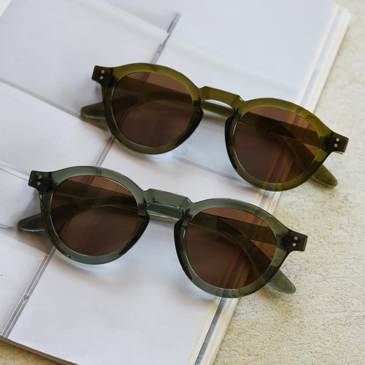 Unisex Polarized Sunglasses Retro Women Tr90 Round Sun Glasses Men Uv400 Sun Shades Circle Frame Decoration, Olive Green Brown