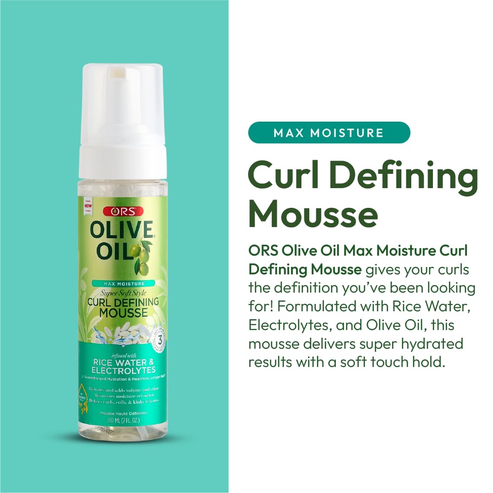 Olive Oil Max Moisture Super Soft Style Curl Defining Mousse infused with Rice Water & Electrolytes for Supercharged Hydration & Growth (7.0 oz)