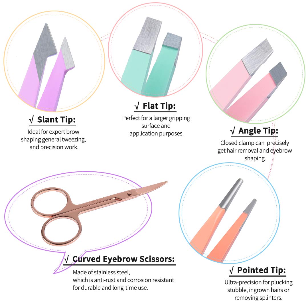 TsMADDTs 6 PCS Tweezers Set for Women, Eyebrow Tweezers with Curved Scissor for Ingrown Hair, Hair Plucking Daily Beauty Tools with Leather Travel