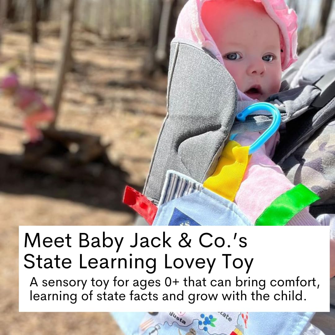 Baby Jack & Co 8x8” Learning Lovey Texas State Tag Stroller Toy for Babies - Crinkle Toys for Developing Five Senses - Learn About Capitals - Travel…