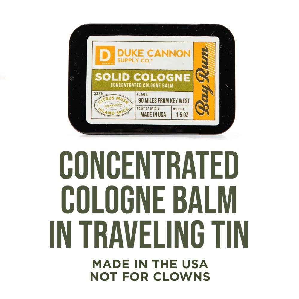 Duke Cannon Supply Co. Solid Cologne for Men Bay Rum (Citrus Musk, Cedarwood, Island Spice) - Concentrated Balm, Travel-Friendly Convenient Tin, 1.5