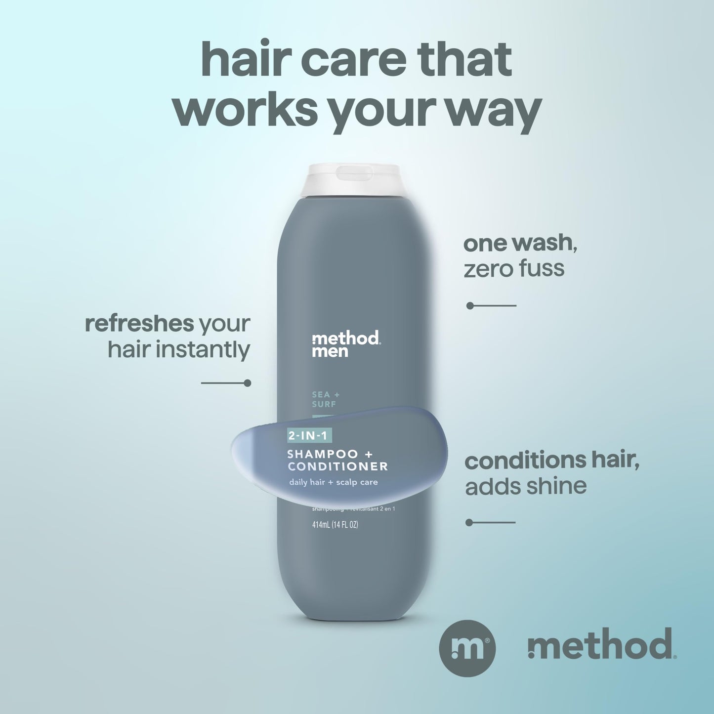 Method Men 2-in-1 Shampoo and Conditioner, Sea + Surf - Cleans and Conditions with Argan and Jojoba Oil - Made without Parabens - 14 oz Beauty and Personal Care Method