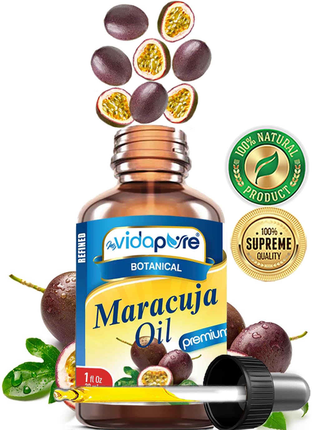 MYVIDAPURE MARACUJA OIL Passion Fruit WILD GROWTH. 100% PURE for Skin, Face, Hair, Lip and Nail Care. (1 Fl Oz)