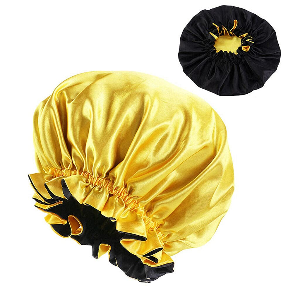 Magik Double-sided Cover Satin Night Sleep Cap Hair Bonnet Hat Head w/Elastic Band (2 Pack, Yellow/Black) Beauty and Personal Care Magik