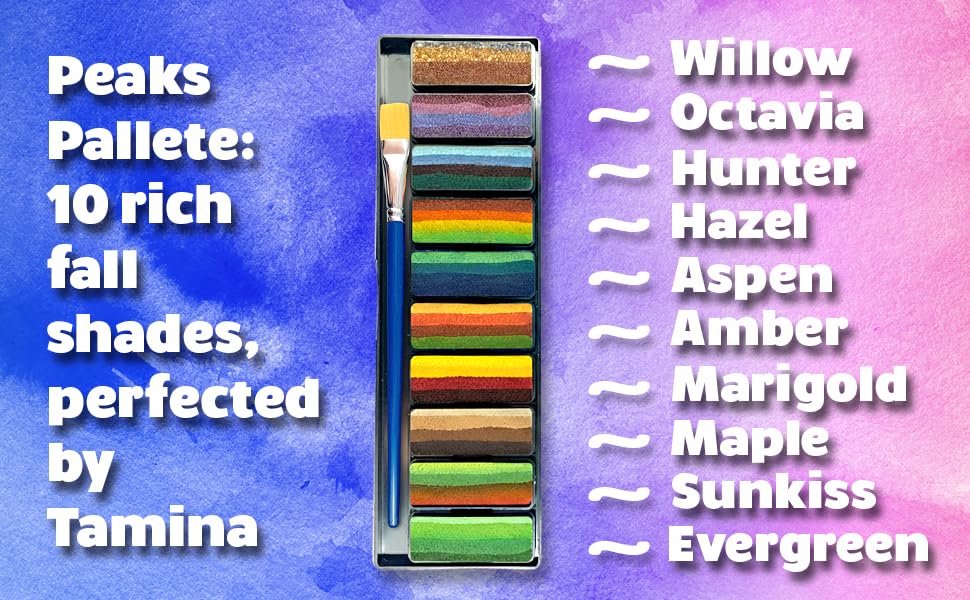 Kraze FX Peaks Face Paint Palette by Tamina Mohammed - 10 Colors Professional Split Cake Set - 3/4" Travel Size Cakes - Metallic & Earth Tones