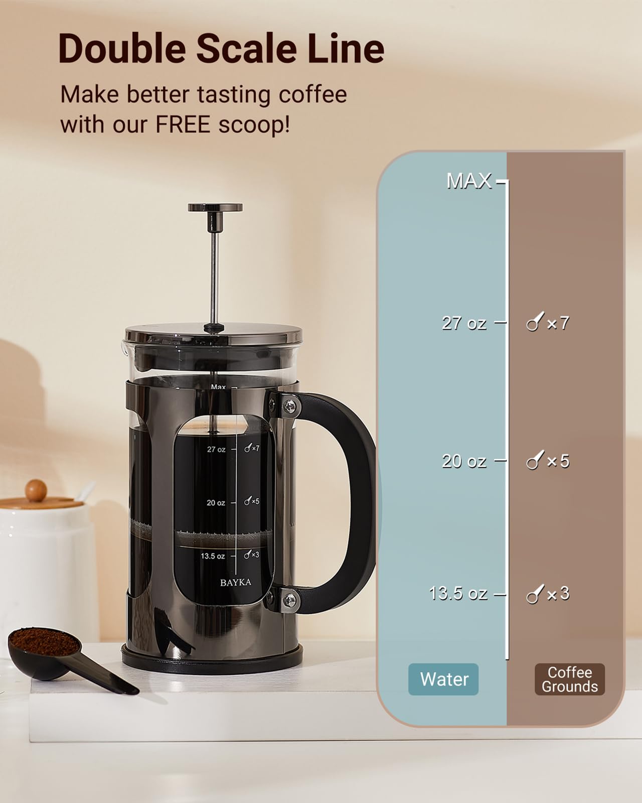 BAYKA 34oz French Press Coffee Maker – Borosilicate Glass & Stainless Steel, Large Portable Cold Brew Cafetera for Kitchen & Travel, Dark Pewter