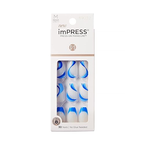 KISS imPRESS No Glue Mani Press On Nails, Design, 'Mesmerize', Blue, Medium Size, Coffin Shape, Includes 30 Nails, Prep Pad, Instructions Sheet, 1