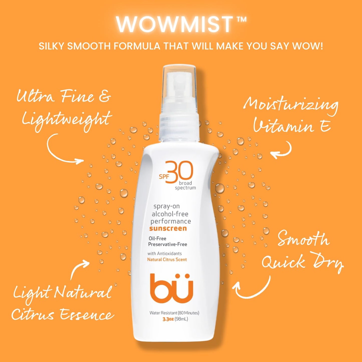 BU SPF 30 Sunscreen Spray for Face and Body, Non Aerosol Spray, Clear WOWmist, TSA Travel Size Sunblock, Oil Free and Water Resistant for Sensitive