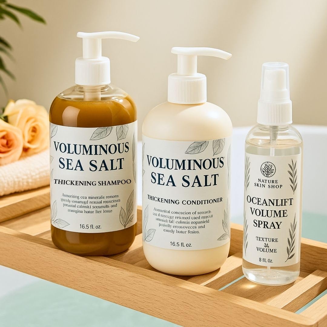 Nature Skin Shop Voluminous Hair System, 3-Piece Shampoo, Conditioner & OceanLift Spray Set for Instant Volume & Body, Thickening for Fine, Flat