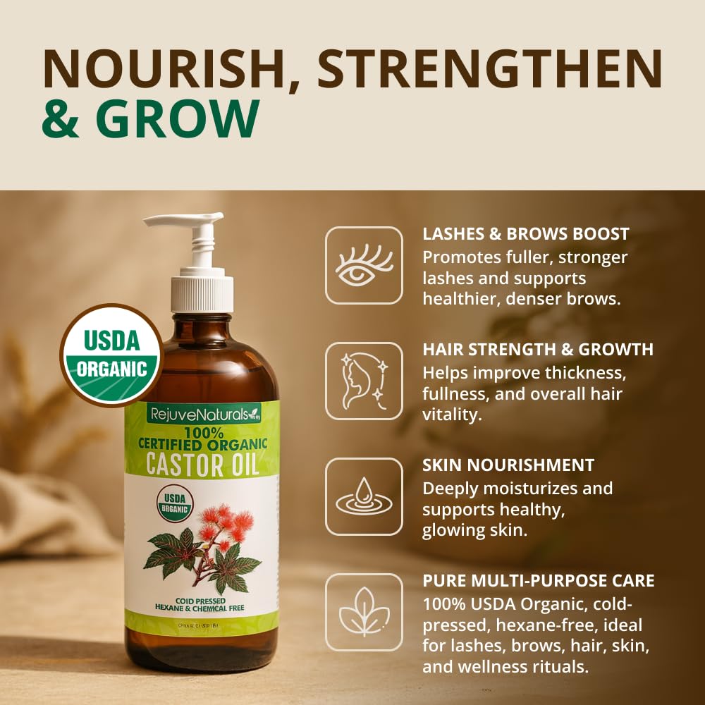 RejuveNaturals Castor Oil (16oz Glass Bottle) USDA Certified Organic, 100% Pure, Cold Pressed, Hexane Free. Boost Hair Growth for Thicker, Fuller