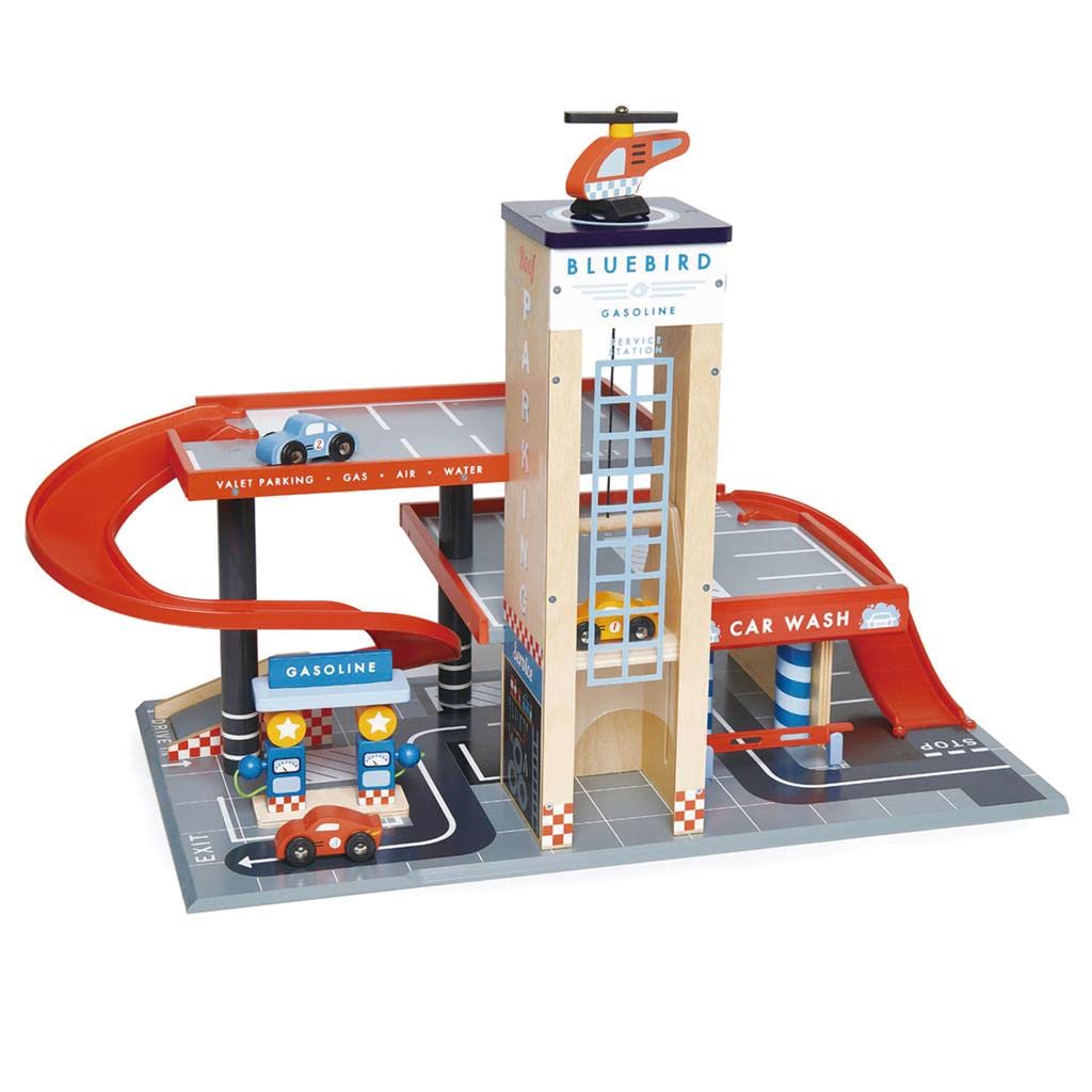 Tender Leaf Toys Blue Bird Service Station – Wooden Garage Playset with Ramps, Petrol Pumps, Car Wash & Helicopter Pad, Roleplay Toy for Kids 3+
