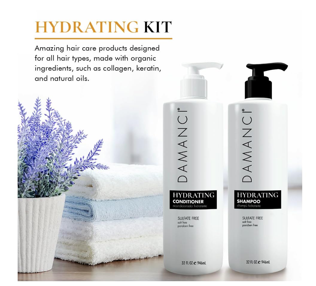 Damanci Hydrating Shampoo and Conditioner Duo, Sulfate Free Shampoo and Conditioner for Dry Hair, with Keratin and Collagen, Paraben and Salt Free