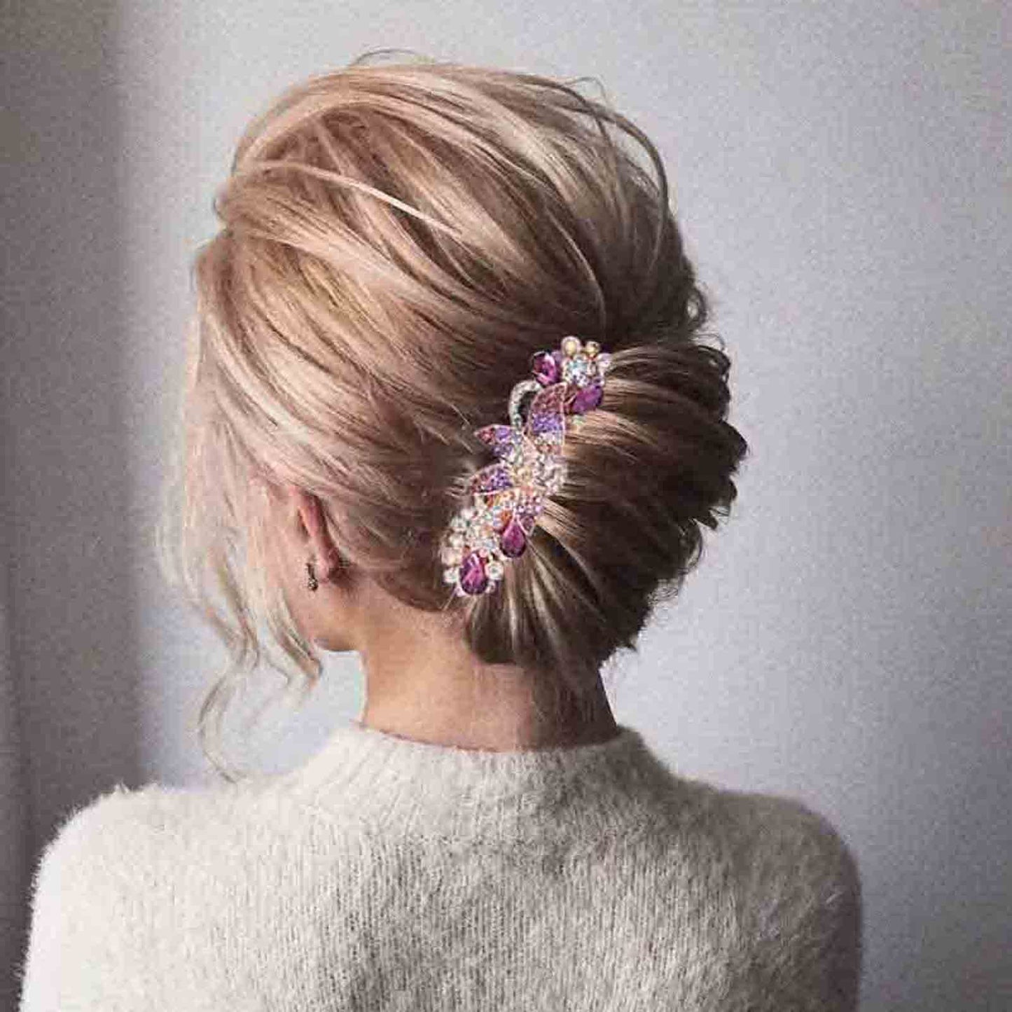 Yheakne Crystal Hair Clip Barrette Purple Rhinestone Hair Barrette Clip Bling Wedding Headpieces Flower Decorative Head Clip Headwear Bride Hair