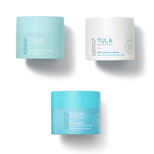 TULA Skin Care 24-7 Moisture Minis - Hydrating Day & Night Cream Moisturizer Travel Trio, Includes 0.5 oz Original, Moisture Intense & Weightless 24-7