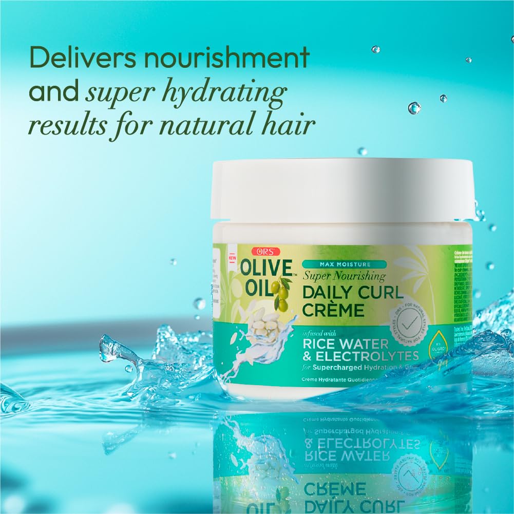 ORS Olive Oil Max Moisture Super Nourishing Daily Curl Crème infused with Rice Water & Electrolytes for Supercharged Hydration & Growth (8.0 oz)