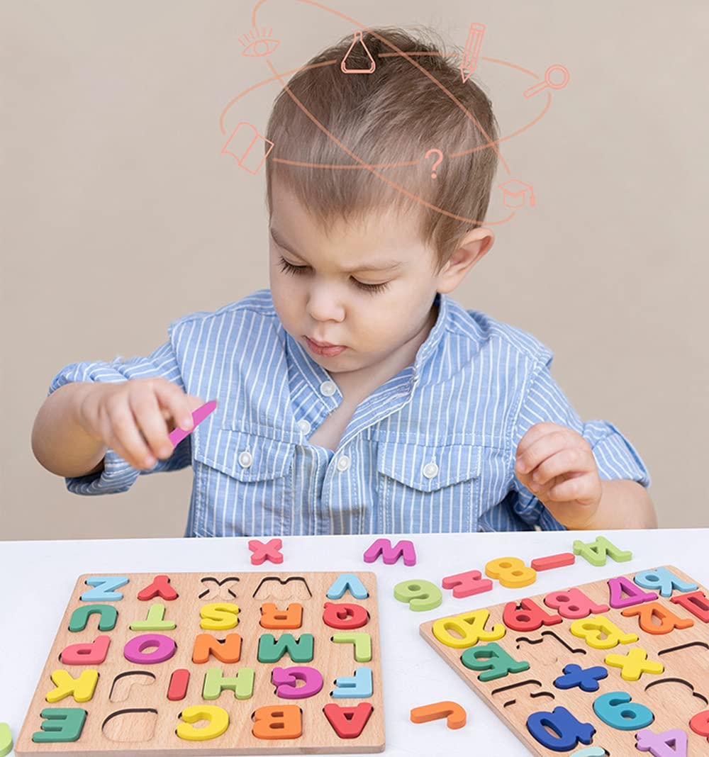 Wooden Puzzles for Toddlers – Alphabet & Number Chunky Wood Puzzle Board, Preschool Educational Learning Toy for Boys & Girls, Kindergarten