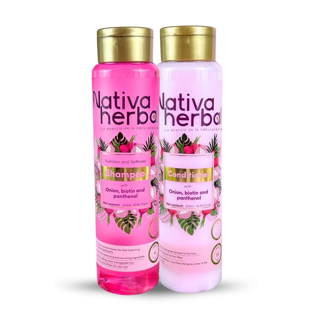 Nativa Herbal Onion shampoo and conditioner set with biotin and panthenol, natural growth formula, anti-frizz strengthening duo for thicker, stronger