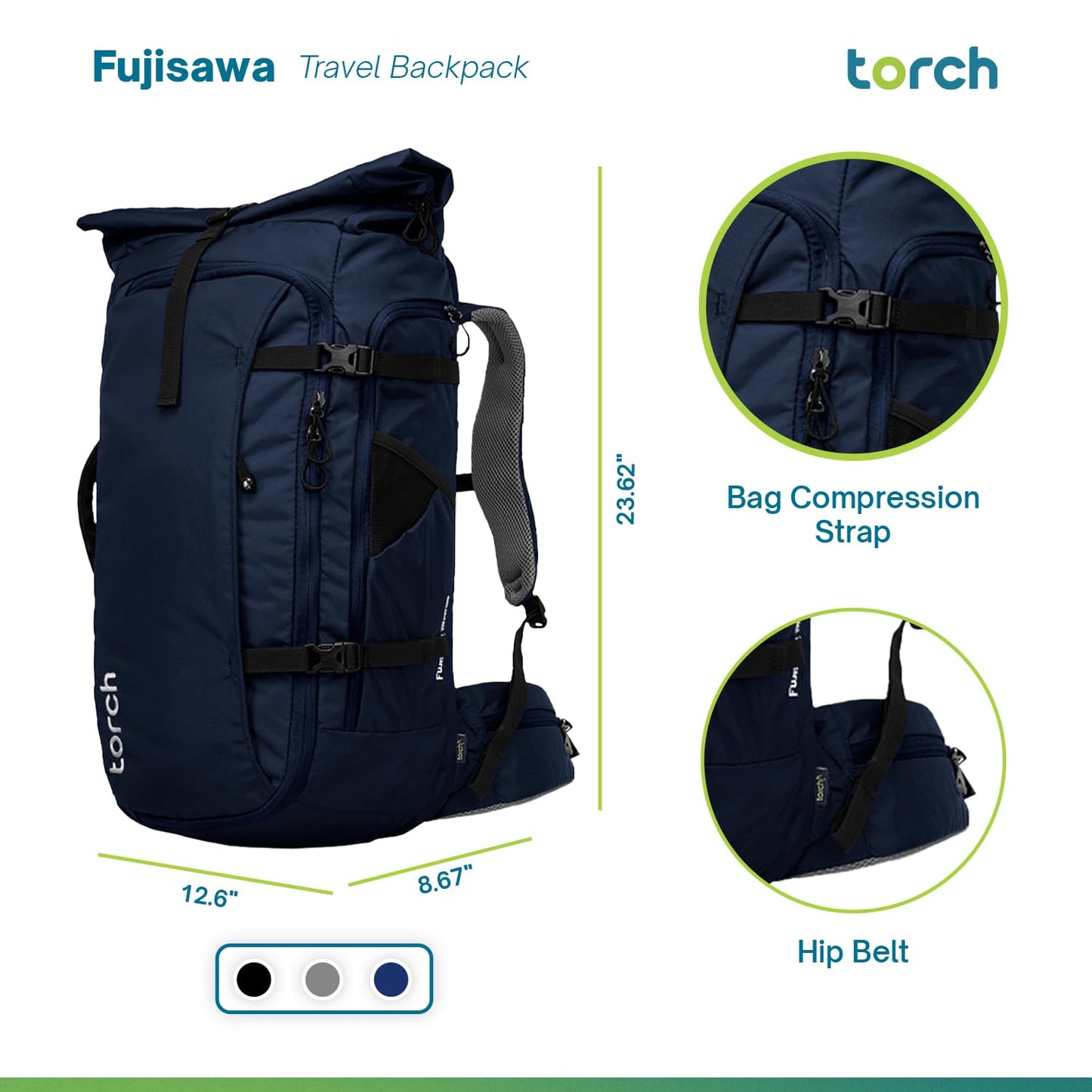 Mens Travel Backpack 45l - Carry On Bags for Airplanes Fits 17 Inch Laptop Expandable Backpack Suitcase with Rain Cover - Fujisawa (Navy)