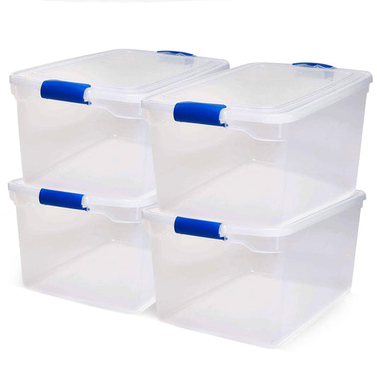 HOMZ 4-Pack Secure Latch, Clear Plastic Storage Organizer Bins, 66 Quart, Blue Latches - Stackable Organizing Containers for Home, Garage, and Office