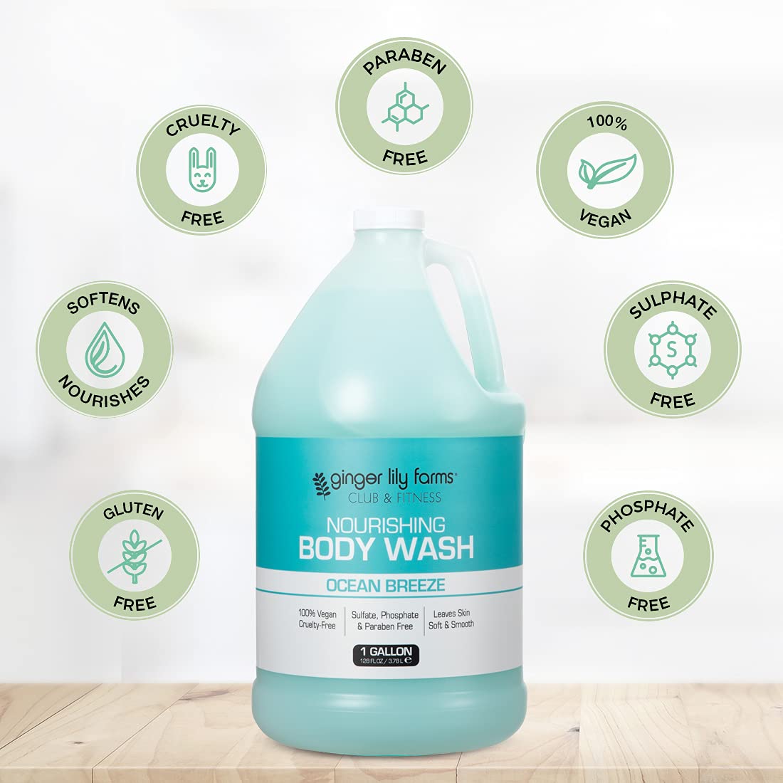 Ginger Lily Farms Club & Fitness Nourishing Body Wash, 100% Vegan & Cruelty-Free, Bath & Shower Gel for Men and Women, Ocean Breeze Scent, 1 Gallon