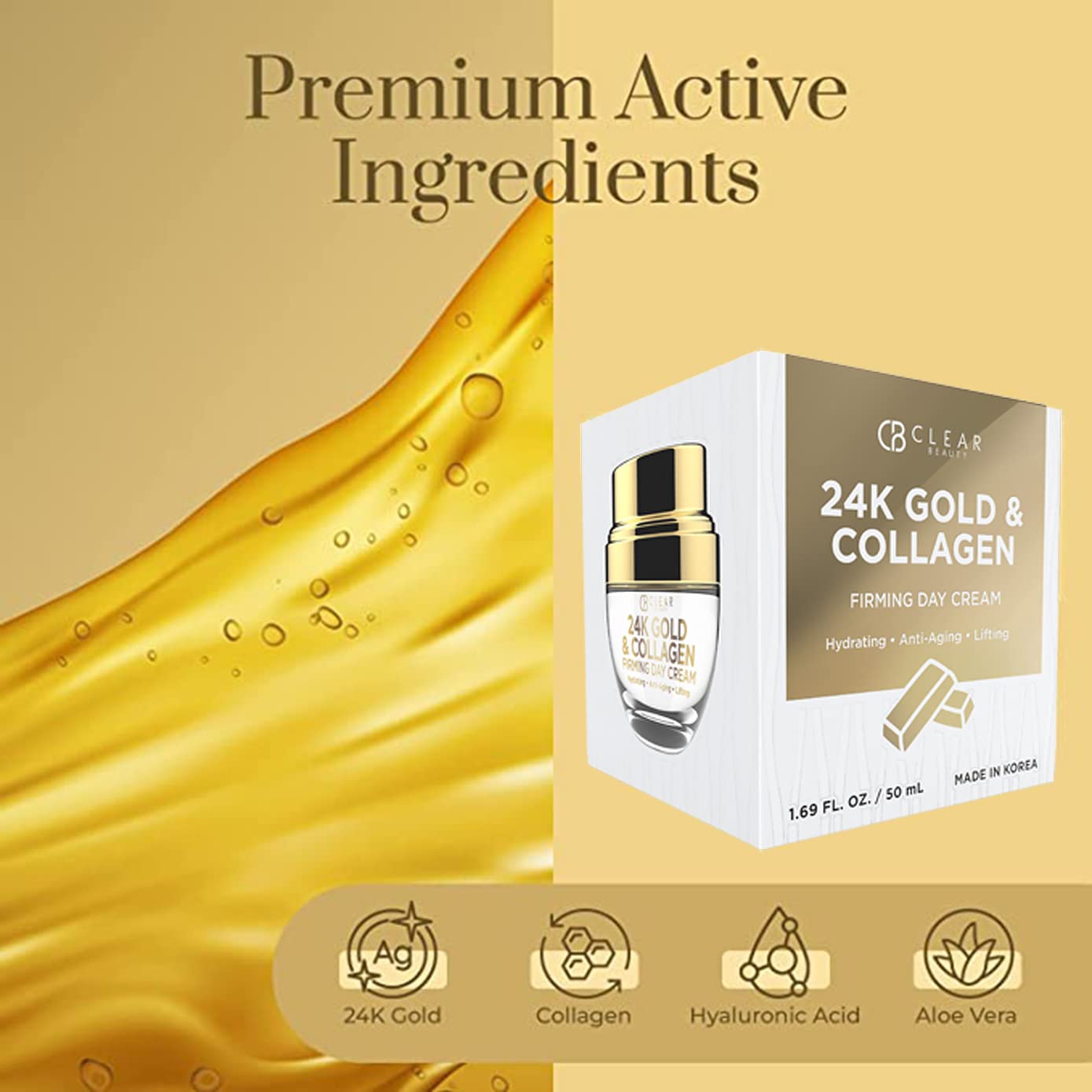 Clear Beauty 24K Gold & Collagen Daily Face Moisturizer - Dermatologist Tested, Reduces Fine Lines, Anti-Aging, Clean Beauty, Cruelty-Free Korean