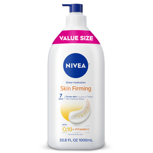 NIVEA Sheer Hydration Skin Firming Body Lotion with Q10 and Vitamin C, 72-Hour Body Moisturizer for Normal to Dry Skin, 33.8 Fl Oz Value Size Pump